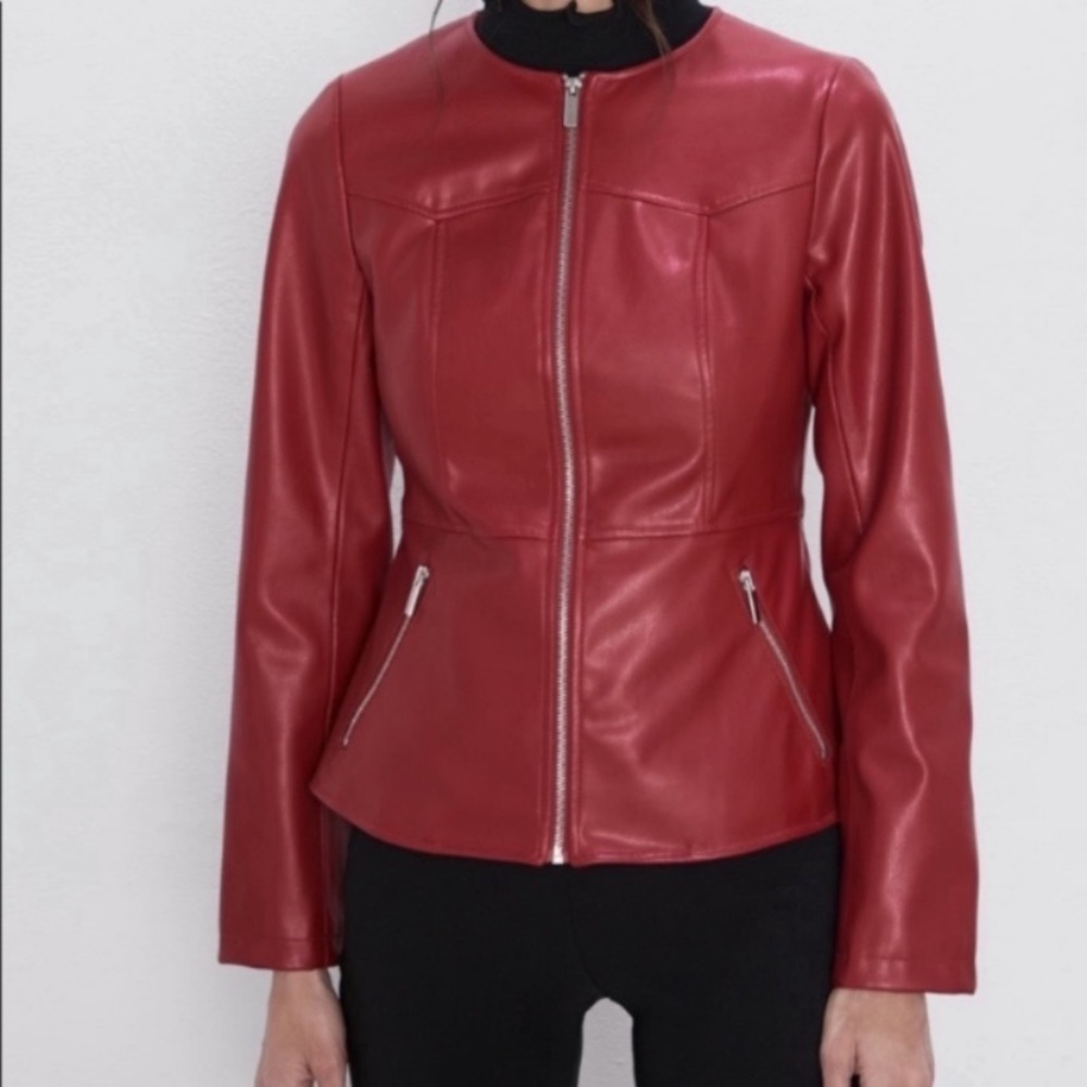 NWT Zara red faux leather peplum jacket